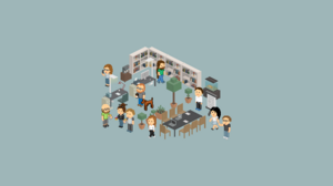 Pixelgrafik einer Büroeinrichtung mit Mitarbeitern auf hellem Grund